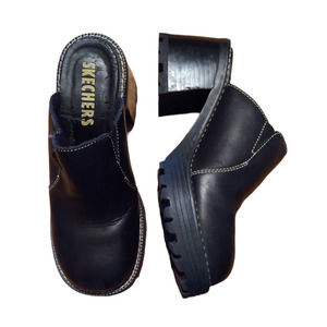 Vintage Y2K Chunky Platform Clogs Size 7 Black Leather Skechers Shoes Mules